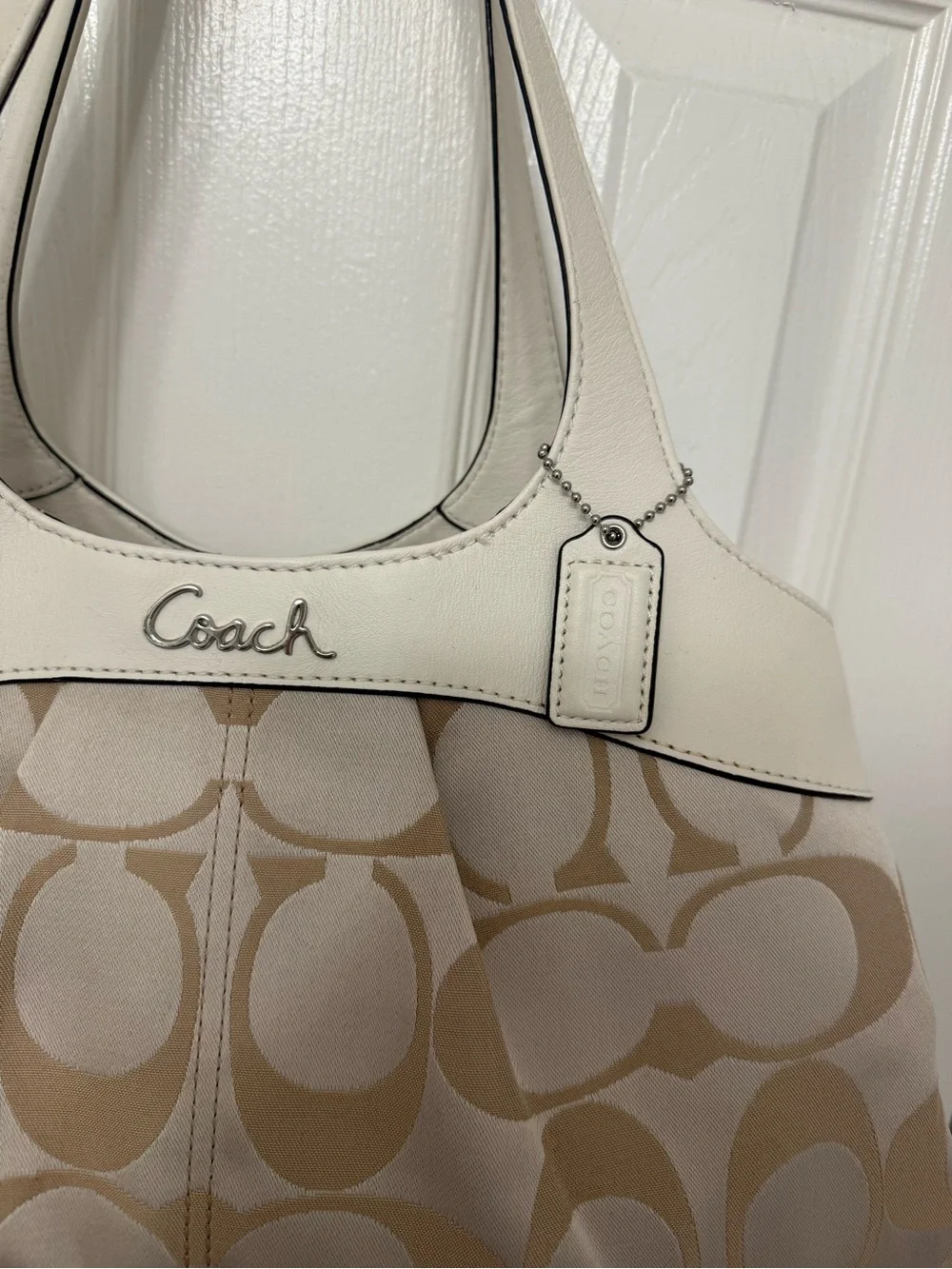 Coach Beige and White Signature Shoulder Bag